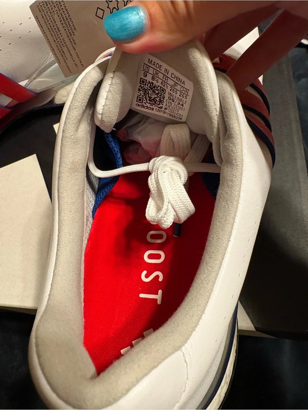 adidas White Sneakers with Red Three-Stripes and Blue Accents